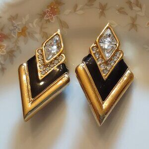 Vtg 80s Swarovski Vintage Earrings Black Gold Enamel Clear Crystals Art Deco SAL